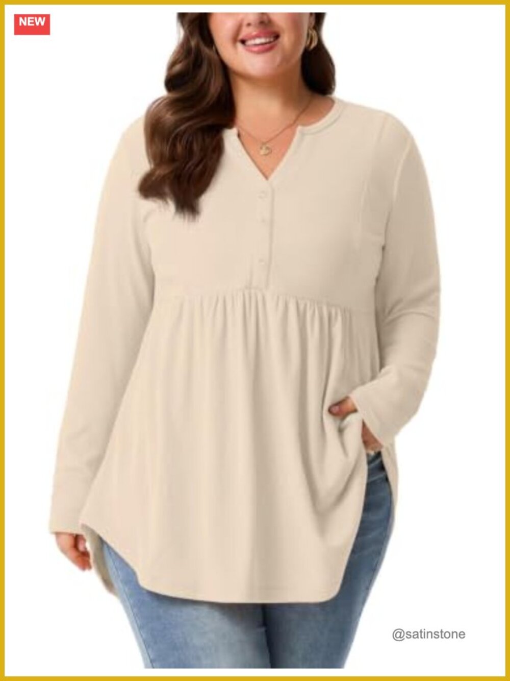 Women's Plus Size Long Sleeve Henley Tunic Top